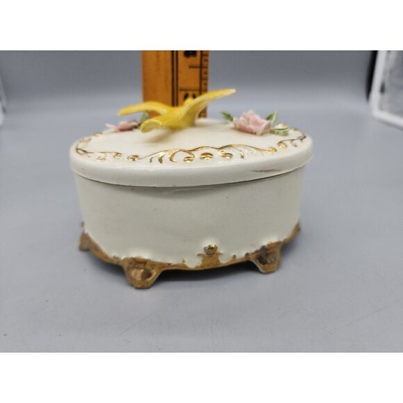 1958 Handmade Trinket Box Porcelain Yellow Bird Gold Trim Lid - Picture 7 of 7